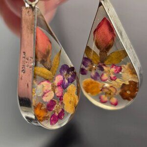 Sterling Silver Lucite Earrings 1.75" Dried Flowers Teardrop Shape ATI Mexico